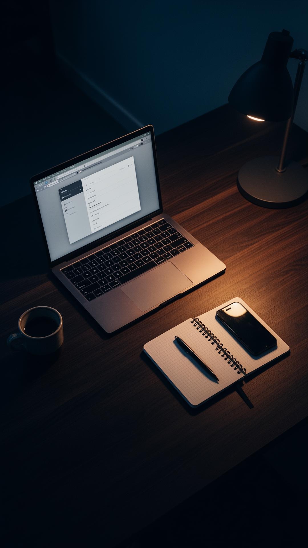 Et roligt skrivebord med laptop, notesbog og kaffe